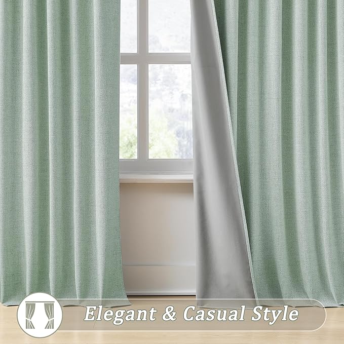 RAIN CITY Light Green Linen Blackout Curtains 72 Inch Long for Living Room,2 Panels Pinch Pleated Drape with Hooks Back Tab Boho Decor, Textured Full Black Out Curtains for Bedroom 50 x 72