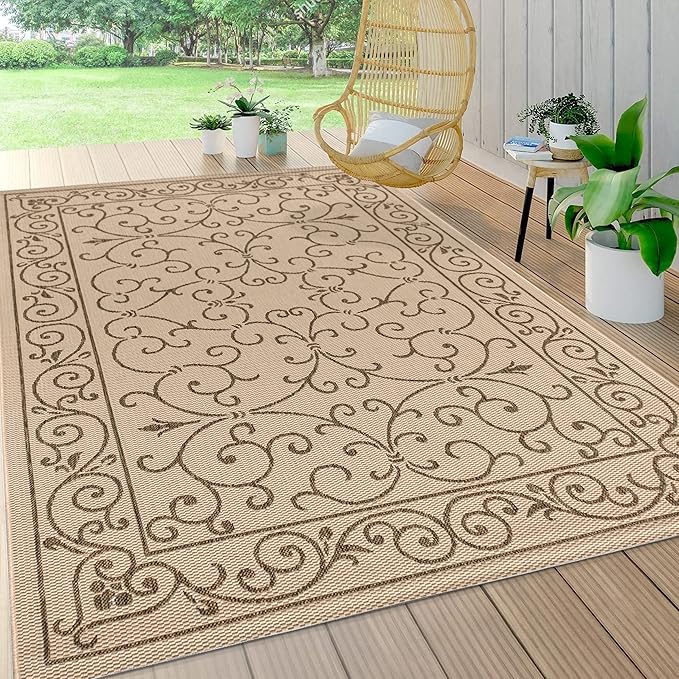 JONATHAN Y Vintage Filigree Indoor Outdoor Area Rug 8X10 Beige/Brown, Charleston Textured Weave for Backyard, Patio, Porch, Easy-Cleaning, High Traffic, Pet-Friendly, Non-Shedding (SMB106A-8)