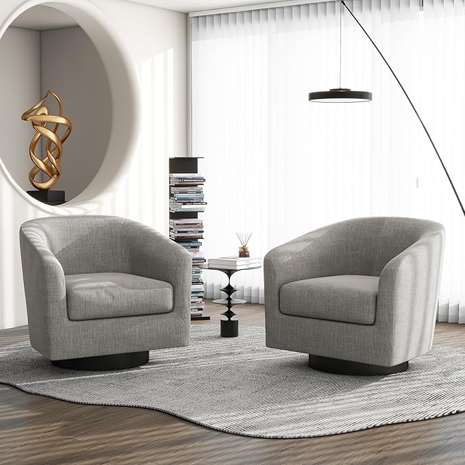 Swivel Barrel Accent Chair, Modern Round Linen Arm Chair for Living Room, Bedroom, Comfy Club Reading Chairs for Adults（Linen Fabric, Khaki, Set of 4