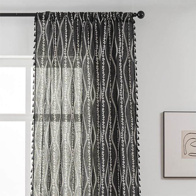 Sutuo Home Boho Curtains 63 Inches Length for Kitchen Doorway Cafe Dining Room, Stripe Floral Vintage Tassels Window Treatment Drape for Halloween Decorations Rod Pocket, 1 Panel 59" W x 63" L,Black