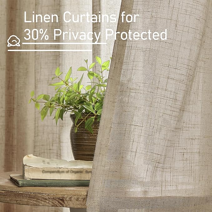 LAMIT Semi Sheer Linen Curtains 45 Inches Long, Light Filtering Panels Bronze Grommet Country Decor Drapes for Bedroom/Window/Farmhouse, Taupe, 2 Panels, 52 x 45 Inch