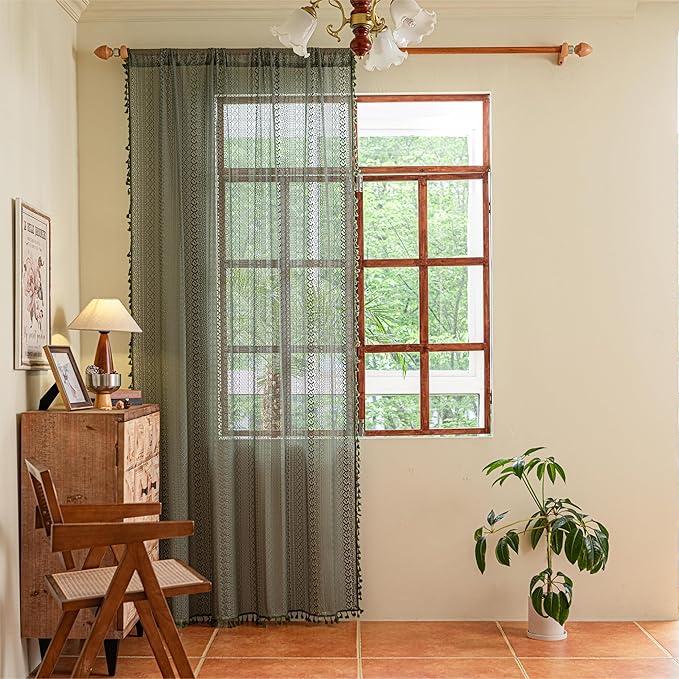 Sutuo Home Olive Green Boho Curtains 108 inches Long, Crochet Lace Sheer Bohemian Hollow Knitted Cute Tassels, Vintage Farmhouse for Bedroom Living Room Nursery Room, 1 Panel 59" W x 108" L