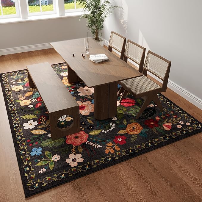 Living Room Rug 6x9 Rug Machine Washable Boho Area Rug Non Slip Floral Vintage Low Pile Large Rug for Living Room, Bedroom, Farmhouse, Dining Room, Kids Playroom(Black)