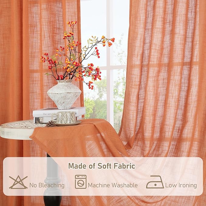 LAMIT Burnt Orange Linen Curtains 48 Inch Length for Kitchen, Semi Sheer Light Filtering Panels Bronze Grommet Small Window Drapes for Basement, 2 Panels, 34 x 48 Inch