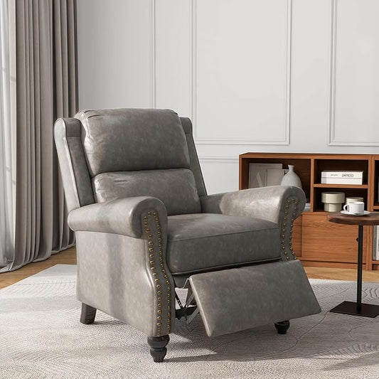 UIXE Pushback Recliner Chair, Faux Leather Armchair Push Back Accent Chair, Rivet Trim Club Chair Home Theater Overstuffed Single Sofa Reading Seat for Living Room, Gray
