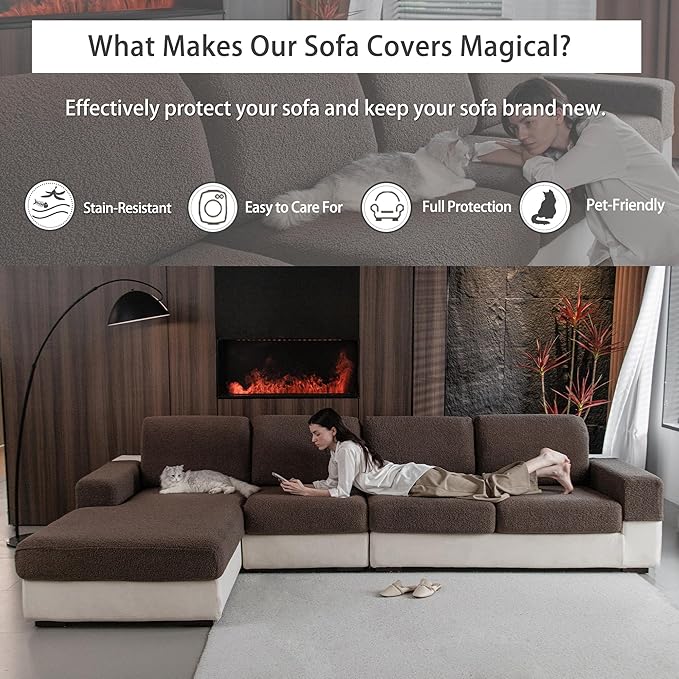 Couch Cushion Covers for Sectional Sofa, Stretch Soft Sofa Slipcovers Washable Wear-Resistant Universal Furniture Protector for Living Room(1 Piece Chaise Cover, Brown)