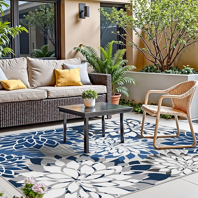 Indoor Outdoor Area Rug Washable Multicolored Patio Rug Tropical Botanical Modern Floral Indoor Outdoor Carpet Blue White Rug Non Slip for Patio, Deck, Backyard, Porch (5x8)