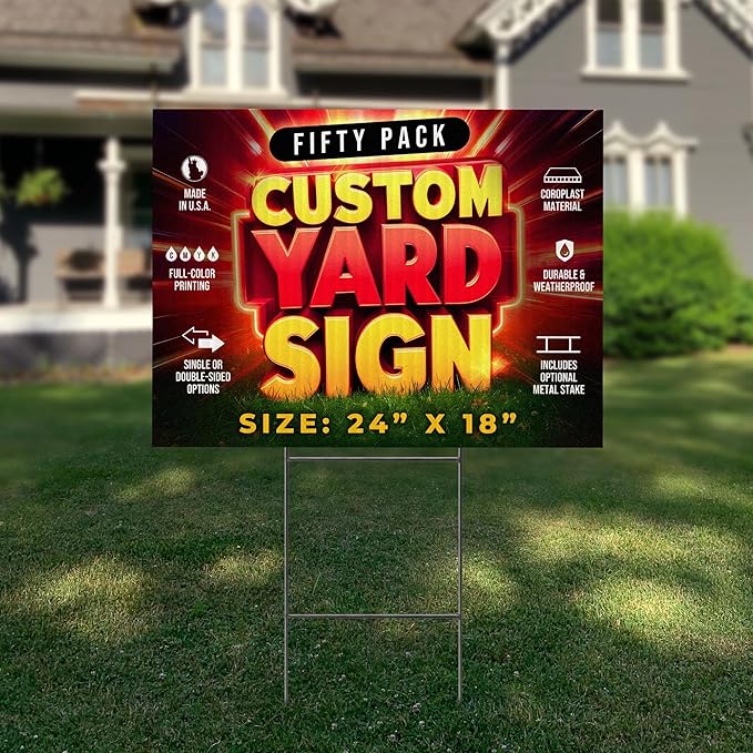 50 Pack 24"x18" Custom Yard Signs with Stakes, Personalized Yard Signs for Outdoors, Customized Full Color Print Corrugated Signs for Business