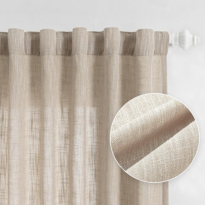 MYSKY HOME Ceiling Curtains for Living Room, Soft Cotton Curtain Polyester Blend Semi Sheers Light Filtering Window Treatments Decor Back Tab Top Panel, 50" x 95", Light Oatmeal, 2 PCs