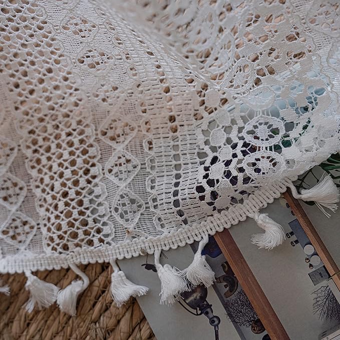Sutuo Home Boho Sheer Curtain Valance Crochet Lace with Bohemian Hollow Knitted Handmade Tassels, Short Farmhouse Window Treatment for Kitchen Cafe, Rod Pocket, 1 Panel 59" W x 18" L, White