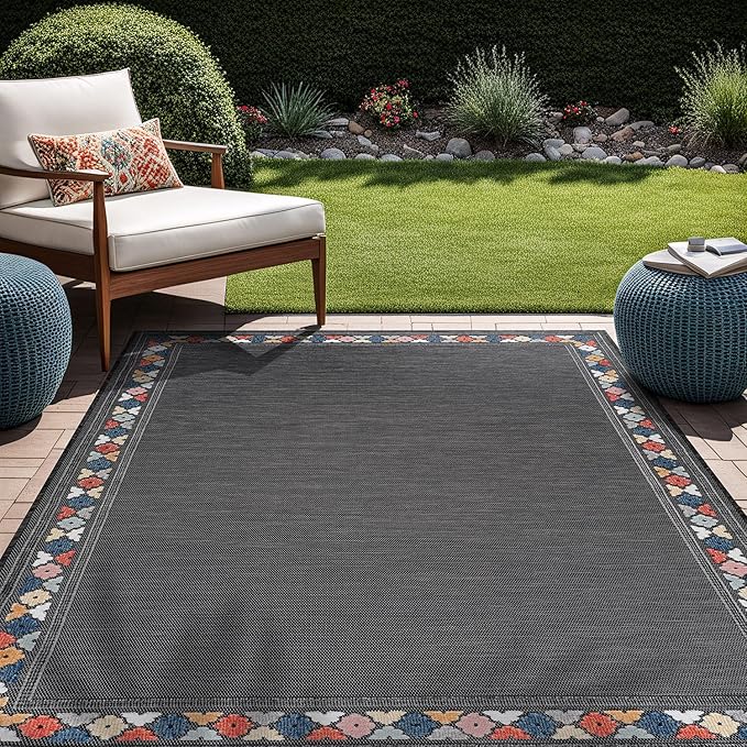 Beverly Rug Outdoor Rug 8x10 Modern Bordered Area Rugs for Indoor and Outdoor Patio Easy to Clean Non Shedding Living Room Porch Garden Washable Outside Carpet (8 x 10 Dark Gray)