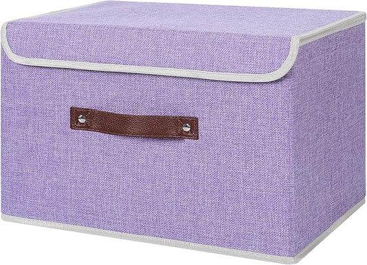 ANMINY Storage Bin with Lid Storage Boxes with PU Leather Handles PP Plastic Board Decorative Foldable Lidded Cotton Linen Fabric Home Cubes Baskets Closet Organizer Container - Purple, Large Size
