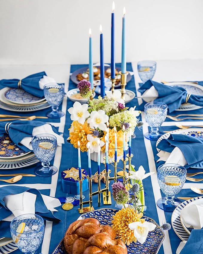 Solino Home Linen Table Runner 36 Inches - 100% Pure Linen Indigo Blue Hemstitch Table Runner 14 x 36 Inch Ideal for Dresser and Coffee Tables - Fall, Autumn - Classic Hemstitch