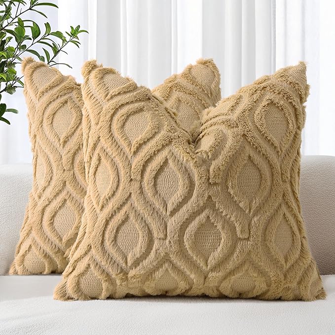 decorUhome Throw Pillow Covers 16x16 Inch Set of 2, Soft Plush Decorative Faux Fur Light Brown Solid Couch Pillow Covers, Accent Farmhouse Neutral Square Euro Pillow Cases for Sofa Bed Living Room