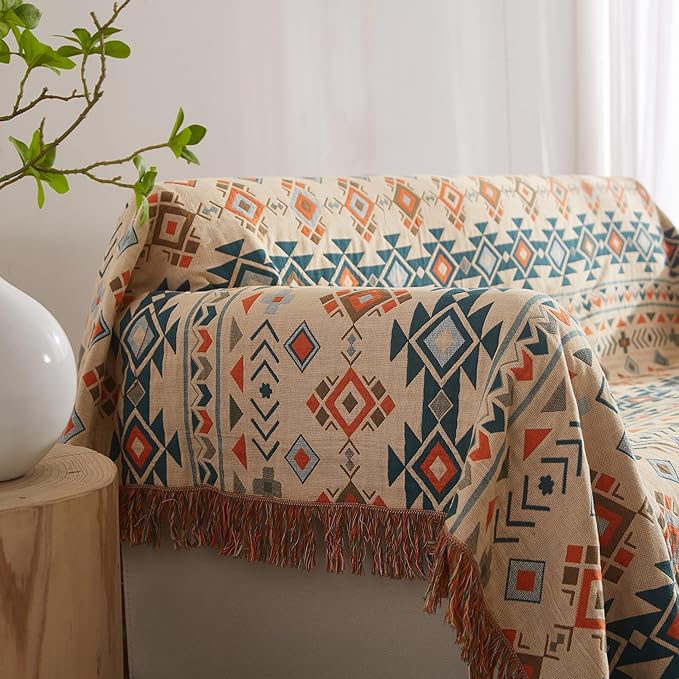 Boho Throw Blanket for Bed 60”x80”, 100% Cotton Woven Blanket for Couch Sofa, Ultra Soft 4-Layer Muslin Quilt with Diamond Pattern, Farmhouse Bed Blanket/Cover for Living Room Decor