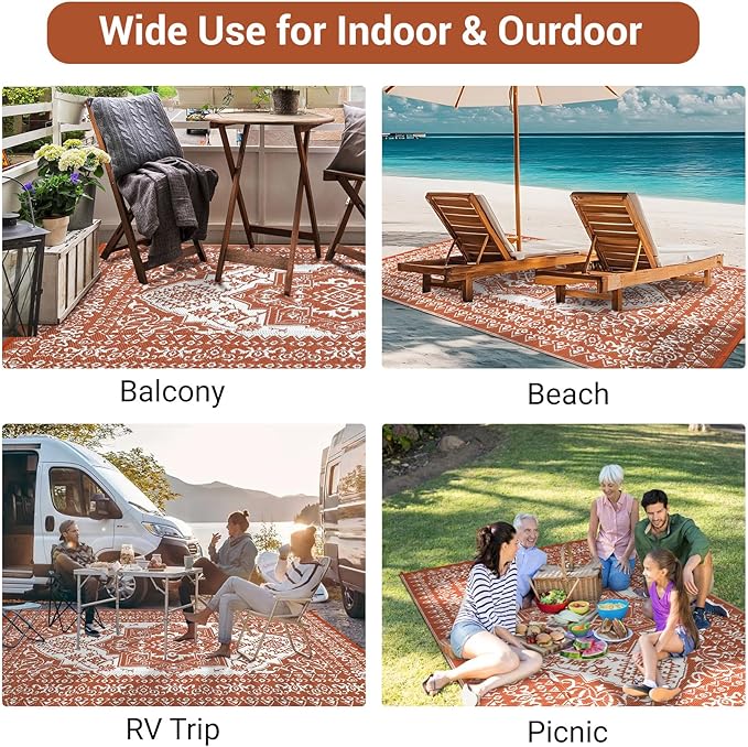 GAOMON Large Outdoor Plastic Straw Rug 10x14 Waterproof Patio Rug Reversible Foldable Portale Camping Mat with Stakes & Bag, Vintage Boho Outside Carpet for RV Garden Deck Porch, Orange Red