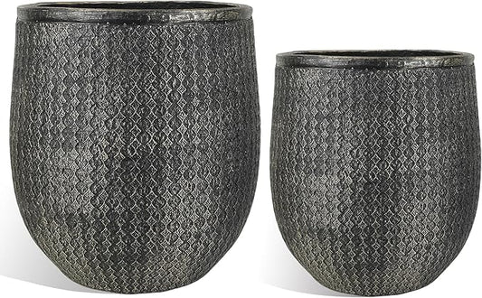 Worth Garden Large Round Planters Set of 2 (14.5"x17.5" & 12" x15“) - Lightweight Magnesium Oxide Cement Plant Pot with Texture - Concrete Look with Drainage Hole – Indoor & Outdoor Use - Black Gold