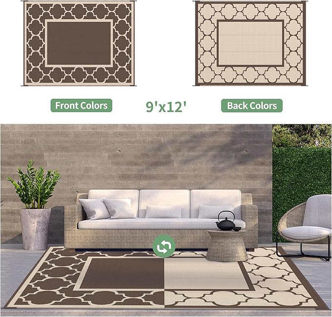 GENIMO 9' x 12' Outdoor Rug Waterproof for Patio Decor, Foldable Reversible Plastic Straw Area Rugs Mat for Camper, Outside Carpet for Rv, Deck, Porch, Picnic, Beach, Balcony, Coffee & Beige