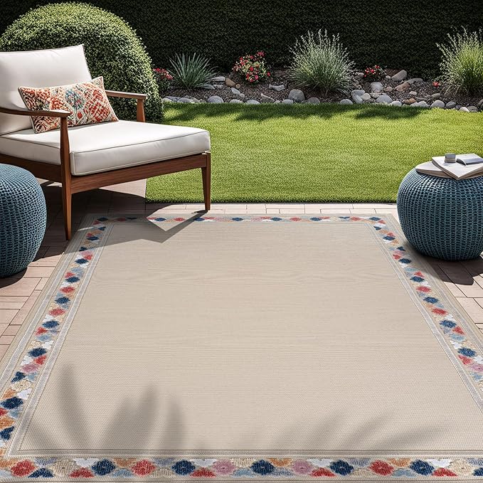 Beverly Rug Outdoor Rug 4x6 Modern Bordered Area Rugs for Indoor and Outdoor Patio Easy to Clean Non Shedding Living Room Porch Garden Washable Outside Carpet (4 x 6 Beige)