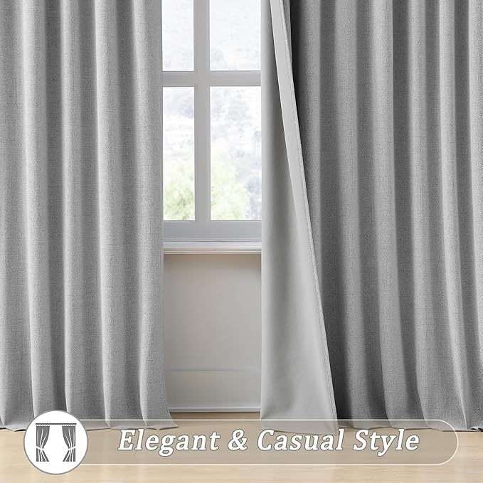 RAIN CITY Grey Linen Blackout Curtains 96 Inches Long,100% Light Blocking Textured Curtains for Bedroom Living Room Thermal Back Tab Rod Pocket Curtains 2 Panels with Hooks 50 x 96