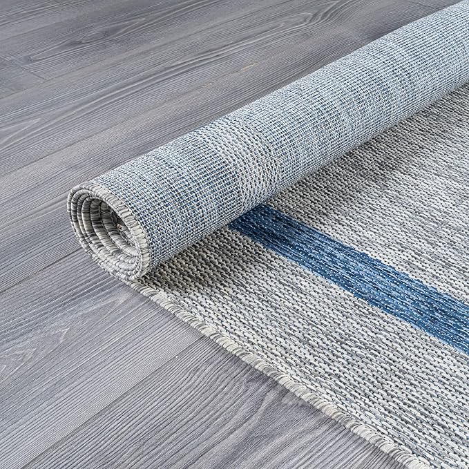 Bordered Outdoor Rug 9x12 Washable Outside Carpet for Indoor Patio Porch Waterproof Easy Cleaning Non Shedding Area Rugs Silver Gray - Blue 9 x 12