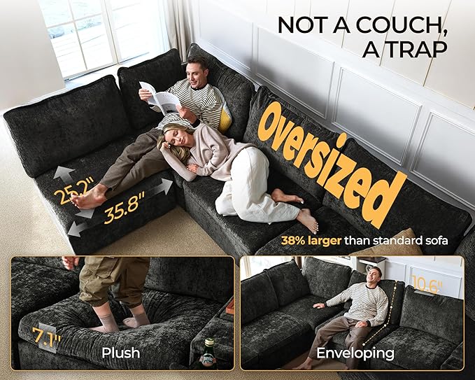 Oversized Modular Sofa Comfy Cloud Couch with Storage, Extra Deep Plush Sectional Sofa Set for Living Room, Covers Washable, Chenille, Olar (Black, 6-Seater with 2 Ottomans, u-Shaped)