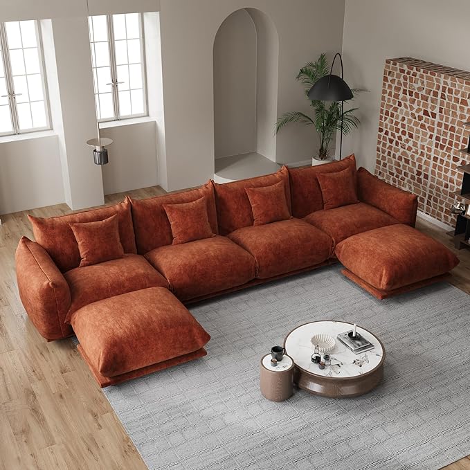 Modern Minimalist Chenille Modular Sectional Sofa, Oversized U-Shaped Couch with Movable Ottoman, Thick Cushions, Upholstered Sofa for Living Room, Bedroom, Office, Apartment Orange 2 Ottoman