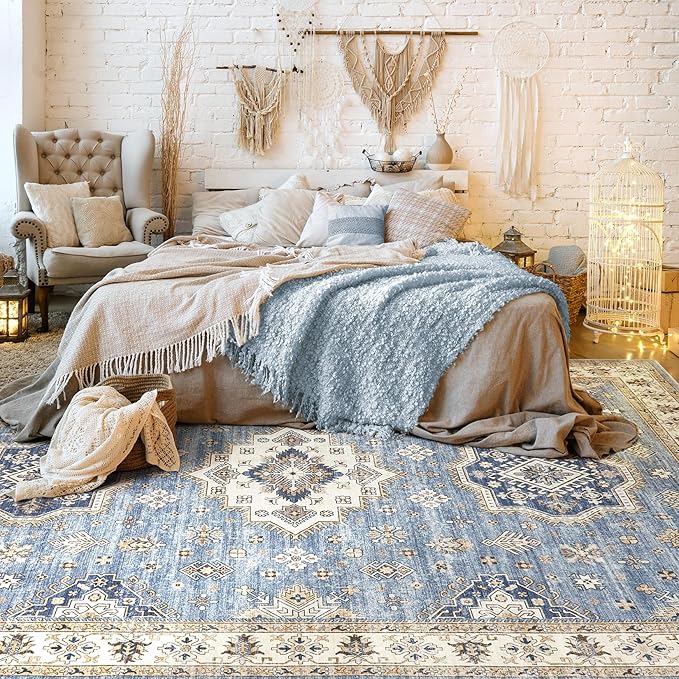 Washable Area Rugs for Living Room -10x12 Neutral Vintage Distressed Floral Farmhouse Boho Large Soft Floor Rug Indoor Non Slip Carpet for Living Room Bedroom Dining Room Office - Blue