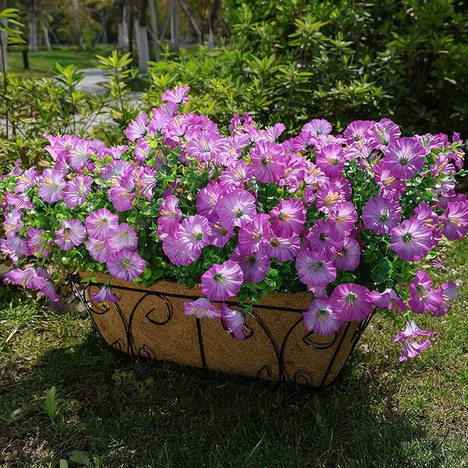 Artificial Flowers for Outdoors Fake Plants Outside Decoration, 12 Bundles Silk Purple Morning Glory UV Resistant Look Real Faux Flowers for Planter Front Door Porch Patio Yard Gardens Home