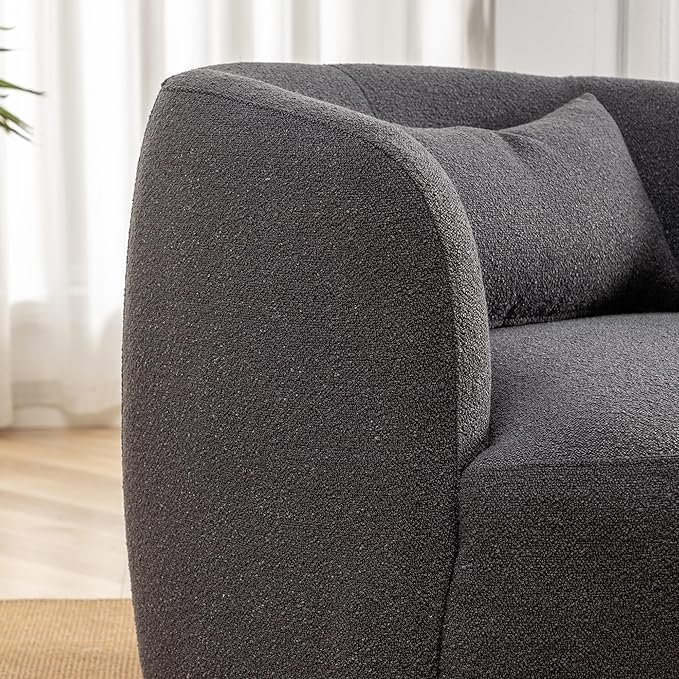 KINWELL 34" Wide Boucle Swivel Barrel Chair, No Assembly Round Upholstered Armchair Accent Chair Single Sofa Chair with Toss Pillow for Living Room and Bedroom, Dark Grey