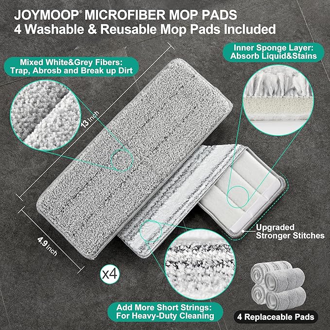 JOYMOOP Mop and Bucket with Wringer Set, Hands Free Flat Floor Mop and Bucket, 60" Mop with 4 Reusable Microfiber Pads, Wet and Dry Use, Floor Cleaning System