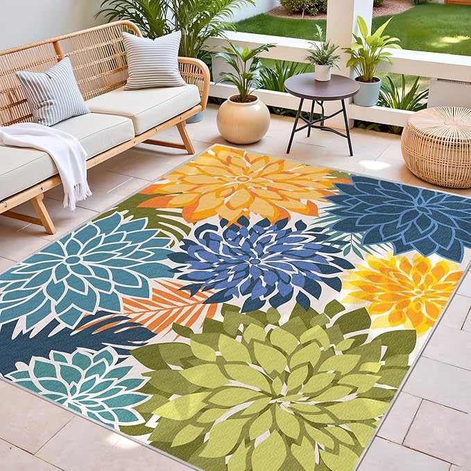 Indoor Outdoor Area Rug Washable Multicolored Patio Rug Tropical Botanical Modern Floral Indoor Outdoor Carpet Non Slip Yellow Green Rug Non Shedding for Patio, Deck, Backyard, Porch (9x12)