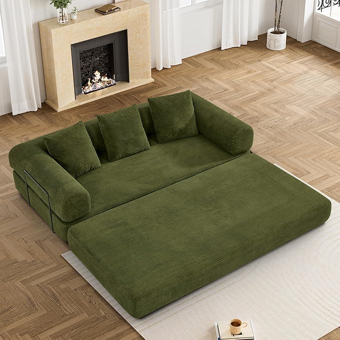 80.3" Convertible Sleeper Sofa Bed with Cylindrical Pillow, Corduroy Folding Mattress Couch with Fixed-Shape Frame, Modular Floor Sofa Lounge Couch for Living Room Bedroom Lounge, Green