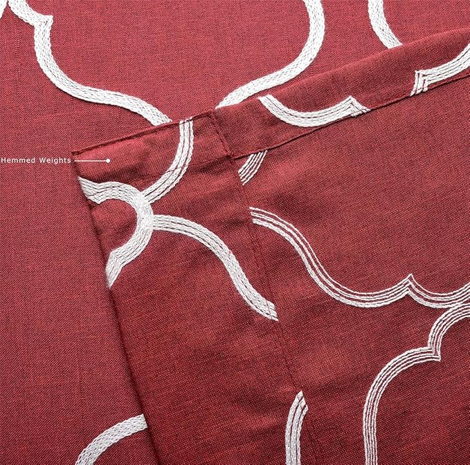 MIUCO Moroccan Embroidery Semi Sheer Curtain Panels Faux Linen Grommet Curtains for Kids Room 52 x 95 Inch 2 Panels, Burgundy
