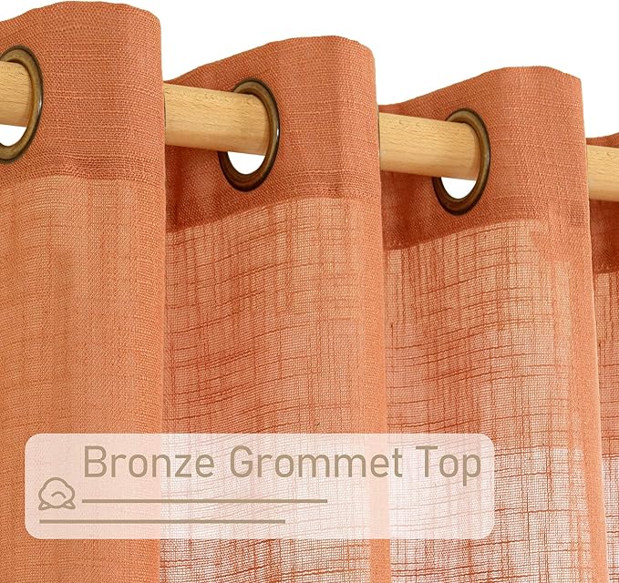 LAMIT Burnt Orange Linen Curtains 45 inches Long for Kitchen, Linen Textured Light Filtering Semi Sheer Bronze Grommet Natural Boho Drapes for Living Room, 2 Panels Set, 34 x 45 Inch