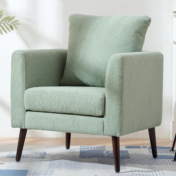 Barrel Accent Chair with Back Pillow, Large Teddy Upholstered Armchair with Solid Wood Legs Modern Reading Chairs for Living Room Bedroom