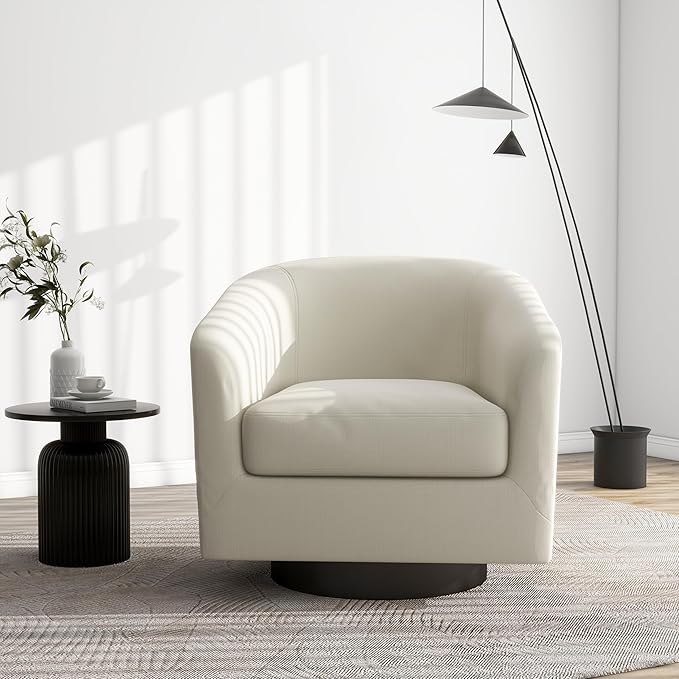 Swivel Barrel Accent Chair, Modern Round Linen Arm Chair for Living Room, Bedroom, Comfy Club Reading Chairs for Adults（Linen Fabric, Beige, Set of 4