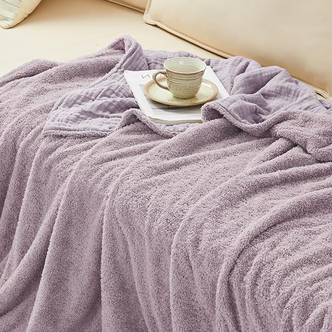 EMME Muslin and Fleece Throw Blanket Reversible - 50"*60" Lavender Soft Warm Throw Blankets for Couch Bed Picnic Travel Bed