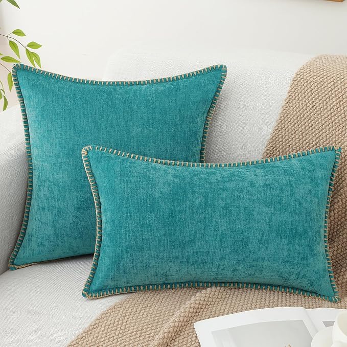 decorUhome Chenille Soft Throw Pillow Covers 16x16 Set of 2, Farmhouse Velvet Neutral Decorative Euro Pillow Covers with Stitched Edge for Couch Sofa Bed Home Decor, Turquoise