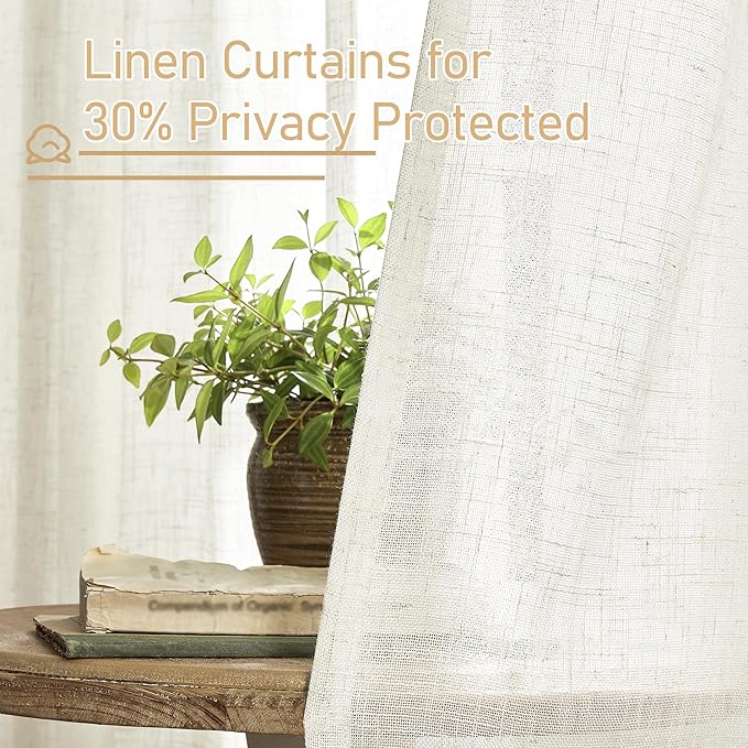 LAMIT Linen Semi Sheer Curtains 63 Inch Length, Light Filtering Neutral Window Bedroom Curtains Farmhouse Boho Bronze Grommet Drapes for Kitchen/Living Room, Cream, 2 Panels, 34 x 63 Inch