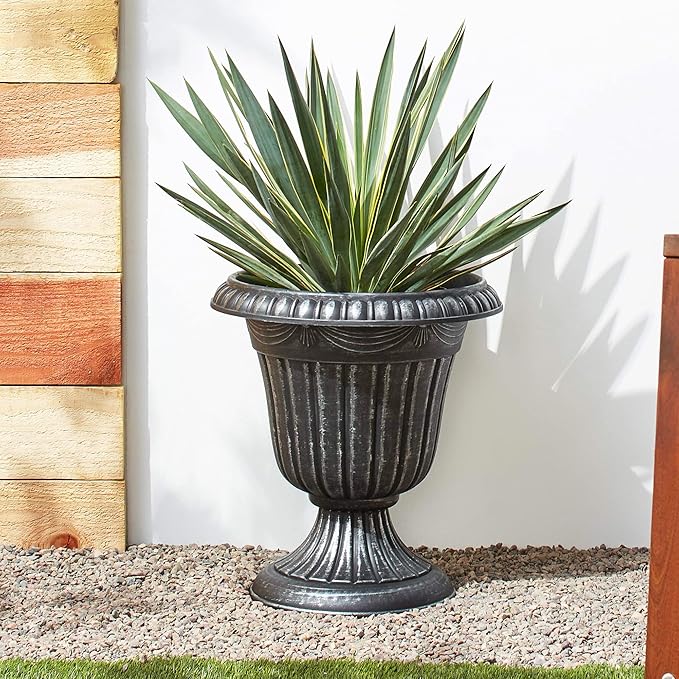 PL10SL Classic Traditional Plastic Urn Planter Indoor/Outdoor, 15" x 13", Brushed Silver