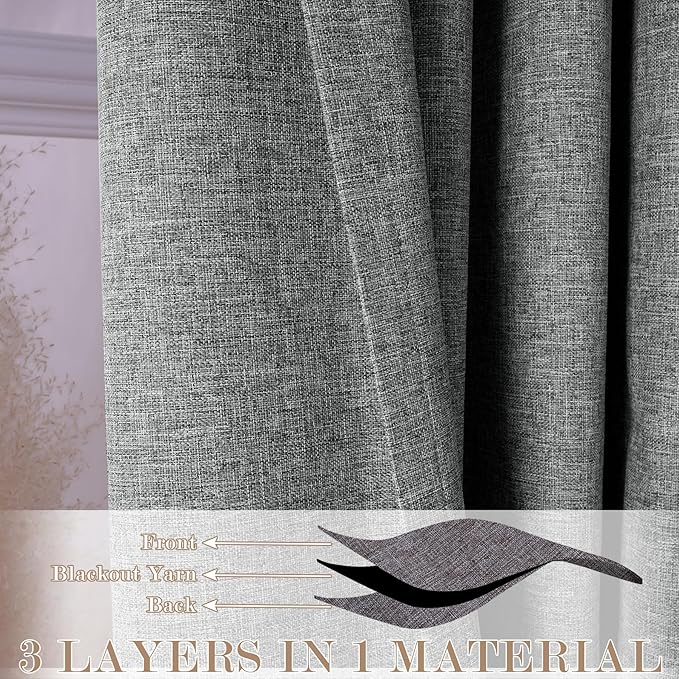 Mid Grey Pinch Pleat 100% Blackout Drapes Linen Blend, Room Divider, Room Darkening, Energy Saving, Furniture Protecting, Light Blocking Extra Wide Privacy Curtains, 200Wx108L, 1 PC