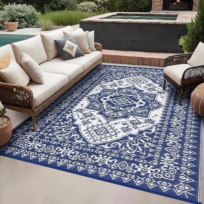 GAOMON Outdoor Rugs for Patio 9x12 Waterproof Reversible Plastic Straw Rug, Large UV-Resistant Portable RV Camping Mats, Indoor Outdoor Medallion Carpet for Deck Porch Garden, Dark Blue & White