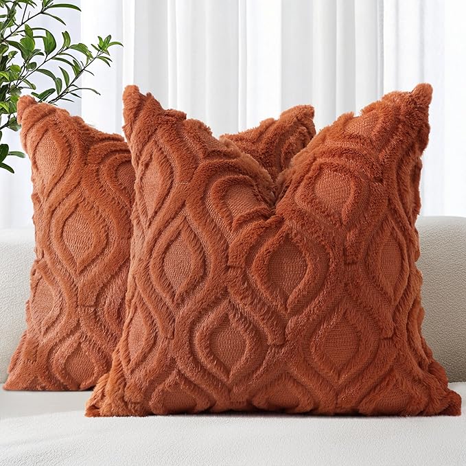 decorUhome Fall Throw Pillow Covers 22x22 Inch Set of 2, Soft Plush Decorative Faux Fur Rust Solid Couch Pillow Covers, Accent Farmhouse Neutral Square Euro Pillow Cases for Sofa Bed Living Room