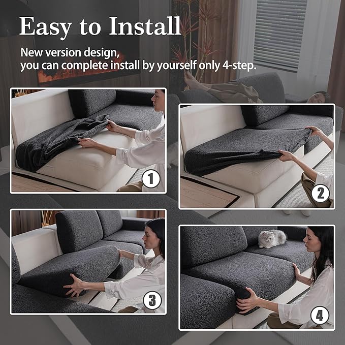Couch Cushion Covers for Sectional Sofa, Stretch Soft Sofa Slipcovers Washable Wear-Resistant Universal Furniture Protector for Living Room(3 Seaters Covers, Dark Gray)