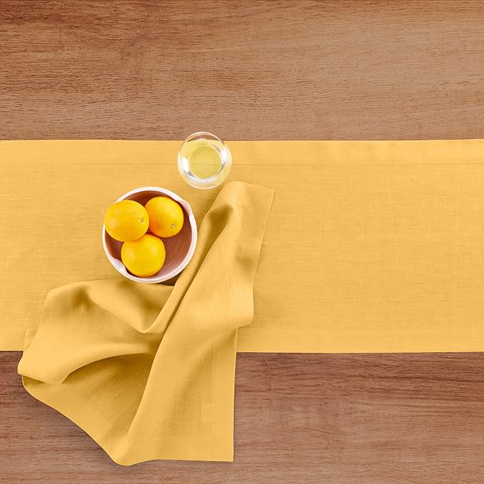 Solino Home Linen Mustard Yellow Table Runner 72 Inches Long - 100% Pure Linen 14 x 72 Inch Table Runner - Fete