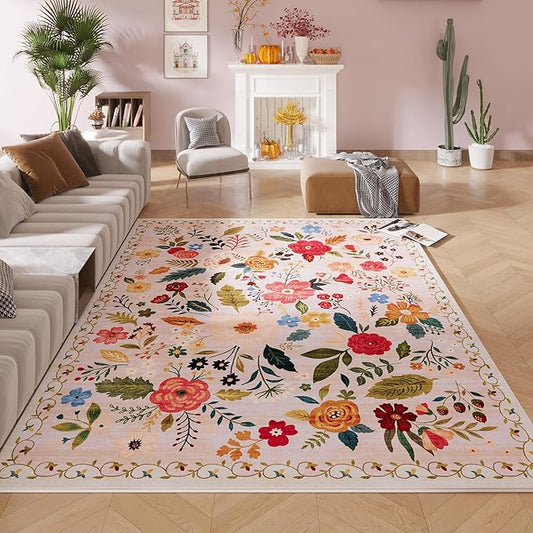 Living Room Rug 6x9 Rug Machine Washable Boho Area Rug Non Slip Floral Vintage Low Pile Large Rug for Living Room, Bedroom, Farmhouse, Dining Room, Kids Playroom(Beige)