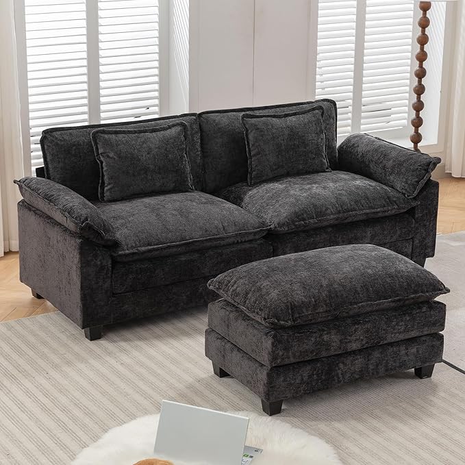 URRED Modular Sectional Sofa Comfy Cloud Couch, Modern Chenille Sofa Sleeper Deep Seat Couches with Ottoman/Pillows for Living Room (Black, 82.6''- L Shape)