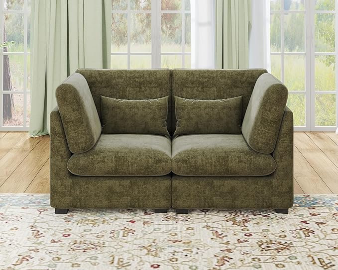 Oversized Modular Sofa, Extra Deep Cloud Chenille Sectional Couch with Ottoman Chaise, Fluffy Chenille 2 Seater Sofa Bed for Living Room, Villa (Loveseat Sofa, Chenille Green)
