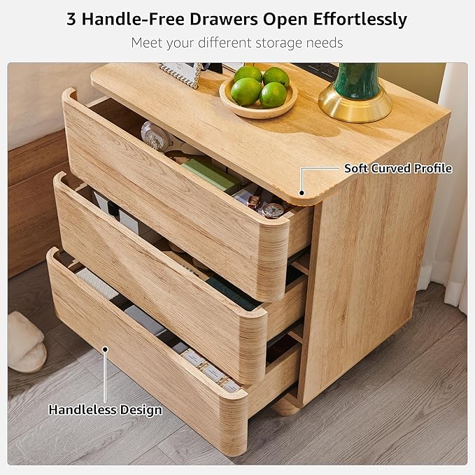 JXQTLINGMU 22" Modern Nightstand with Charging Station, Large Push-to-Open End Table, Wood Bedside Table w/Curved Profile Design, Handleless 3 Drawer Night Stand for Bedroom, Living Room, Natural Oak
